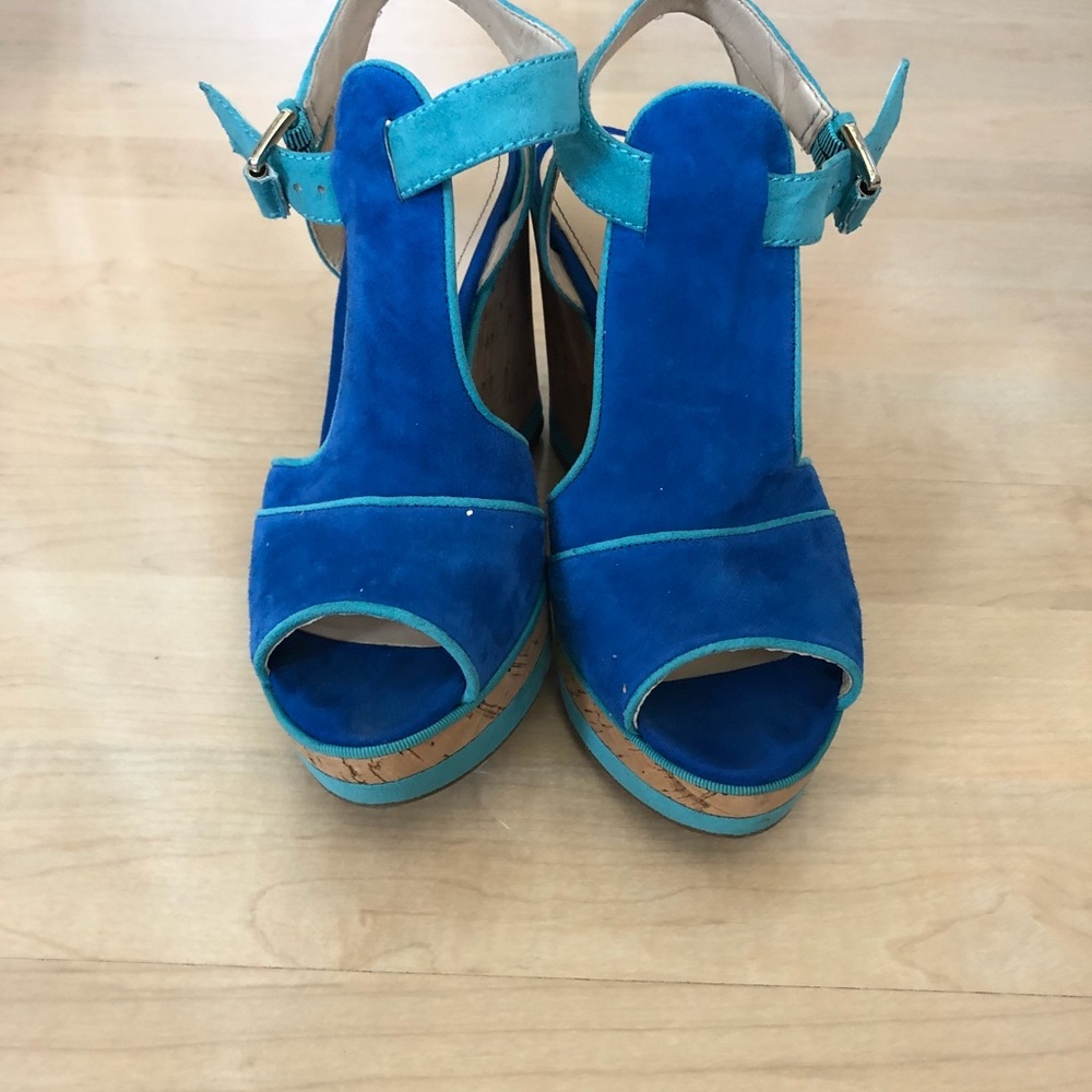 Blue cork heel wedges by Enzo Angiolini